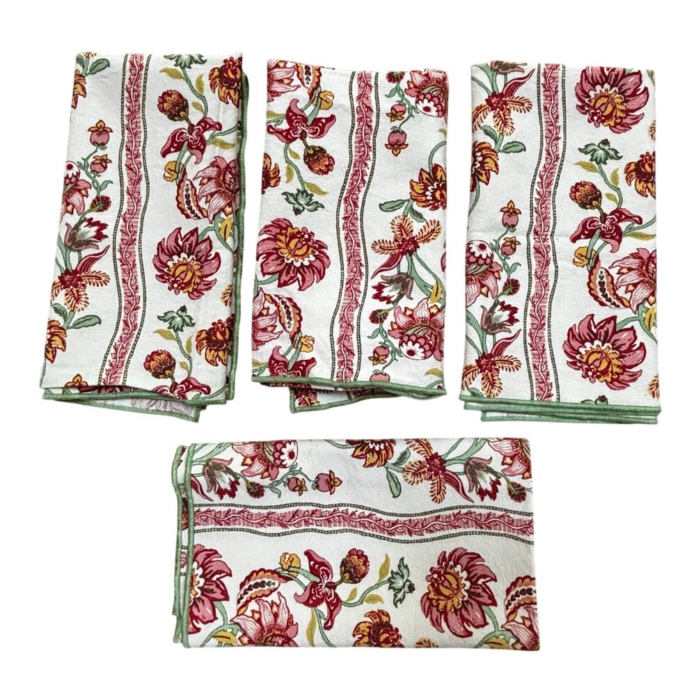Vintage Cloth Napkins (4) cream pink green floral cottage chic Jacobean flowers
